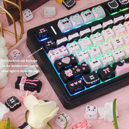 PBT Keycaps - Side Print Cat Keycaps, 113 Keys Shine Through Dye-Sub Cute Keycap, Mao Profile Custom Keycap for 60 65 75 100 Percent Cherry MX Mechanical Keyboard - color: Black Pink Meow