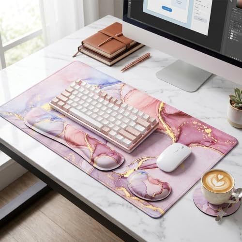 LATEEFAH Desk Mat, Mouse Pad with Wrist Rest, 4-in-1 Large Mouse Pads for Desk, Ergonomic Mouse Pad and Keyboard Wrist Rest Gaming Keyboard Mat for Office, Home - color: 4Pcs-Pink Marble