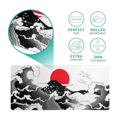 Japanese Red and Black Wave Gaming Mouse Pad Extended Large Mouse Mat Desk Pad Sea Texture Non-Slip Rubber Base Wave Mousepad Stitched Edges Keyboard Desk Pad for Office Home Game 31.5x11.8 Inch - color: Japanese Red and Black Wave