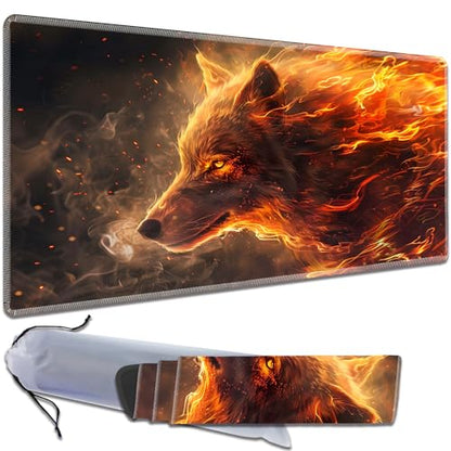 MTG Playmat, Smooth Surface Game Play Pad MTG TCG 24 x 14 inch with Storage Bag, Non-Slip Mouse Pad Card Fighting Game, Fire Wolf - color: Fire Wolf