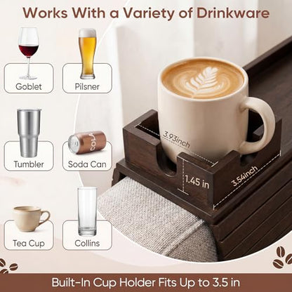 Bamboo Couch Arm Tray Table with Built-in Cup Holder, Foldable Anti-Slip Sofa Armrest Table for Drinks, Phone & Remote, Fits 4.7–16.9 in Armrests, Holds Cups up to 3.5 in Diameter (Brown) - color: Brown