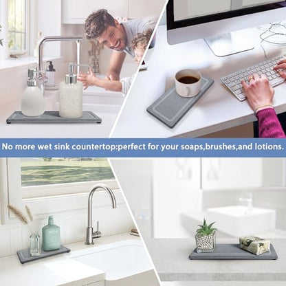 2 PCS Water Absorbing Stone Trays for Bathroom Sink & Kitchen Counter, Fast-Drying Diatomite Sink Coasters, Vanity Tray, Hand Soap Holder with Anti-Skid Pads (11" x 4.7" Gray) - color: 11" X 4.7" Gray