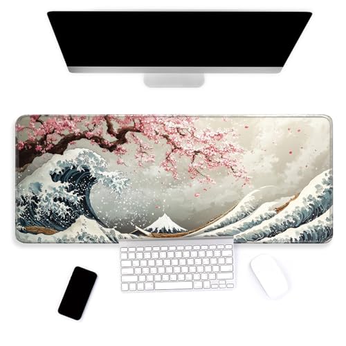 Large Mouse Pad, Big Gaming Mousepad, Desk Mat for Desktop, Thick Non-Slip Waterproof Rubber Base, Mouse Pads for Office, Computer, Keyboard, Laptop 31.5x11.8 in, Japanese Wave Cherry Blossoms - color: Japanese wave cherry blossoms, size: 31.5" x 11.8"