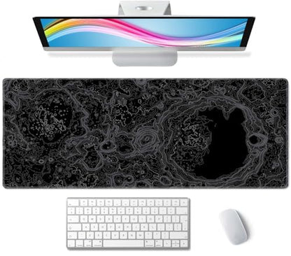 Moon Topographic Map Desk Mat Black Large Mouse Pad XL Extended Gaming Mousepad Keyboard Mouse Mat Desk Pad for Computer Laptop 31.5''X11.8'' Non-Slip Rubber Base with Stitched Edges - color: Moon Topographic Map
