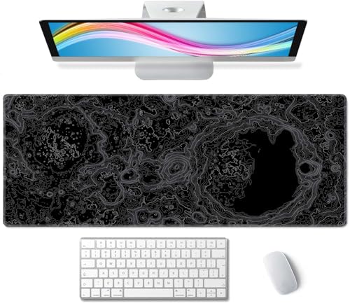 Moon Topographic Map Desk Mat Black Large Mouse Pad XL Extended Gaming Mousepad Keyboard Mouse Mat Desk Pad for Computer Laptop 31.5''X11.8'' Non-Slip Rubber Base with Stitched Edges - color: Moon Topographic Map