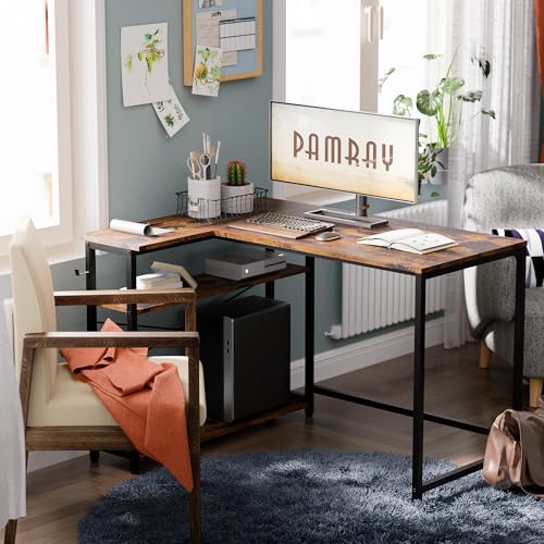 Pamray 43 Inch L Shaped Computer Desk with Reversible Side Storage Shelves, Small Corner Desk for Small Space Home Office,Writing Study Table PC Desk for Bedroom,Vintage - color: Vintage, size: 43 Inch