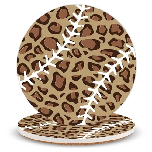 Baseball Ceramic Coasters of 2 with Cork Backing Absorbent Cup Coaster | Non-Slip Coasters for Drinks and Coffee Table Office Desk Home Decor, Gifts for Baseball Fans, Mom, Player - color: Leopard Baseball