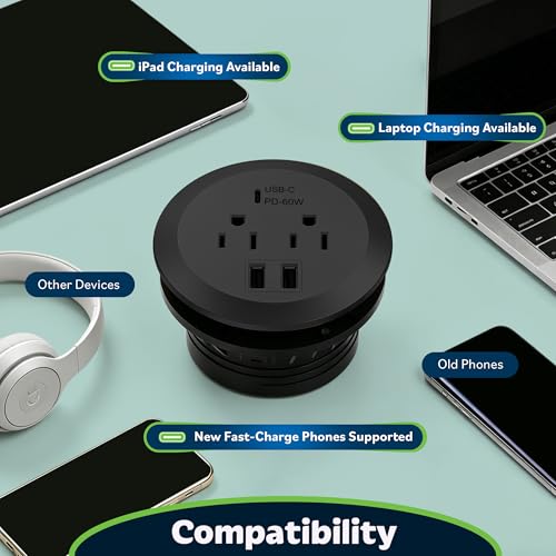TOPGREENER Desktop Power Grommet with 65W PD Fast Charging USB C, GaN Desk Grommet for MacBook, 2 USB-A Ports and Duplex Receptacles, 3” Diameter Power Grommet, TTRP48APD60-BK, Black - color: Black
