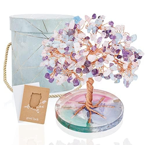 ZenBless 7 Chakra Healing Crystals Stones Tree, Amethyst Pink Aquamarine Leaf Wire on Natural Agate Slice Base House Warming Feng Shui Decoration Luck Gifts for Women Mom Birthday Valentine's Day - color: Purple_pink_blue