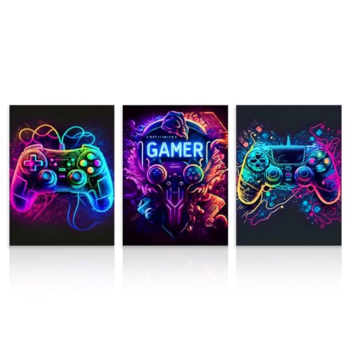 Dazzlewall 3Pcs Neon Gaming Wall Art Set for Gamer 12x16 in Unframed | Neon Controller Theme | Gamer Room Style | Fade-Resistant Canvas | Perfect for Teen Bedrooms - color: Retro Neon Gaming, size: 12x16 in