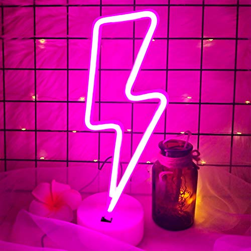 Pink Lightning Bolt Neon Sign, Aesthetic Room Decor for Bedroom, Battery/USB Operated LED Light with Base - color: Pink