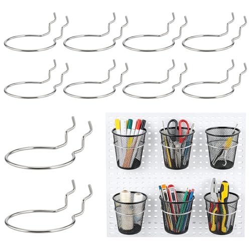 Angoily 10Pcs Pegboard Hooks Cup Holder Rings for Organizer 2.5" W Metal J Shape Accessories Fit 6mm Hole Wall Board Craft Room Garage Bin Display Storage, Silver - size: 9X7CM