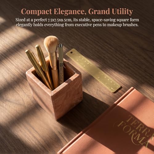 Natural Marble Pen Holder, 2.95” x 3.74” Square Makeup Brush Organizer, Toothbrush Holder, Multi-Purpose Marble Caddy for Desk, Bathroom Vanity, Small Flower Vase & Office Supplies (Rosa Verona) - color: Rosa Verona