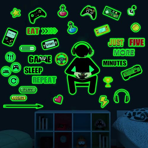 Gamer Wall Decals Stickers Glow in The Dark Wall Decals Game Wall Stickers Gaming Controller Wall Decals Game Room Decor Video Game Decal for Boys Kids Girls Bedoom Playroom Wall Decor… (Green) - color: Green