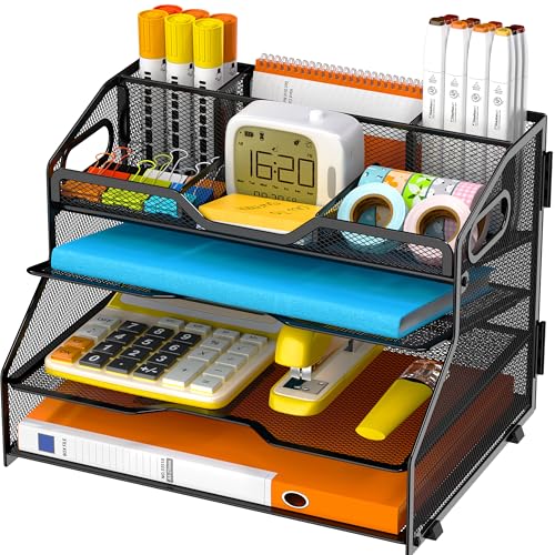 4 Tier Desk Orgnizers and Accessories, Metal Magazine File Holder with Pencil Holder and Handles, Space Saving Desk File Trays for School Office Supplies(Black) - color: 4-tier-black