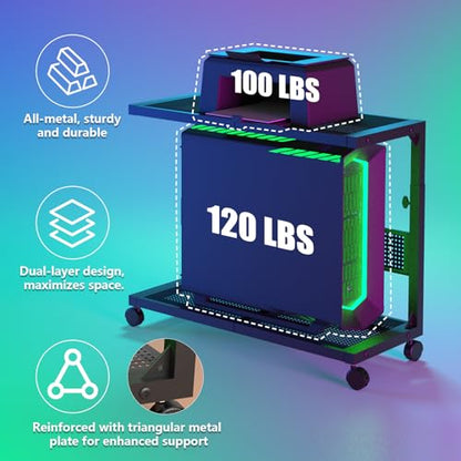 Moricher Computer Tower Stand - Height Adjustable 2-Tier ATX-Case PC Stand Printer Rack Pegboard with Rolling Wheels & Mousepad for Home Office Gaming Accessories