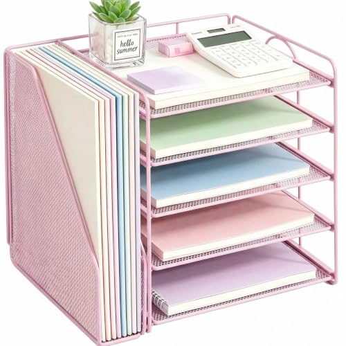 OPNICE Desk Organizer, 5-Tier Paper Organizer Letter Tray with Magazine Holder, Office Desk Accessories & Workspace Organizers, Desktop File Organizer for Office Supplies Storage, Pink - color: Pink, size: 15.5" x 9" x 10.3"