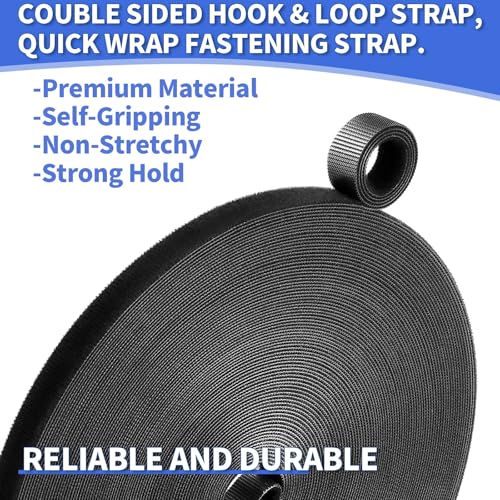 1/2In x 197Ft Reusable Cable Ties Hook and Loop Roll | Tie Down Straps, Nylon Double-Sided Strips, | Adjustable Multi-Purpose Wrap Fasteners forOffice, Home, Data Center - size: 1/2Inx197Ft