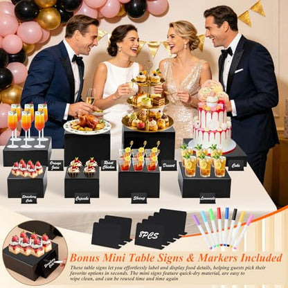 8Pcs Black Acrylic Buffet Risers with Mini Sign and Marker, Black Acrylic Risers for Party Catering Dessert Jewelry Collectibles with Hollow Bottoms Nesting Cube Box (9.5" 9" 8" 7.5" 6.8" 6" 5" 5") - color: 9.5"9" 8" 7.5" 6.8" 6" 5" 5"