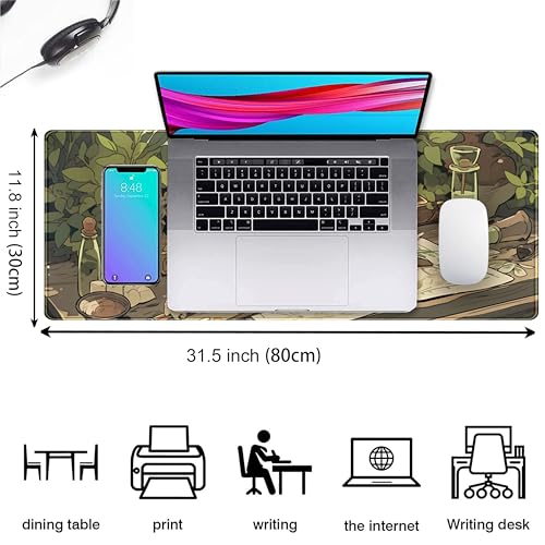 Cute Green Plants Desk Mat Anime Sage Mouse Pad Gaming Desk Pad XL, Kawaii Aesthetic Laptop Computer Keyboard and Mouse Mat, Desktop Decor Accessories Mousepad for Girl Women Office 31.5"x11.8" - color: Green Sage