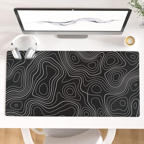 Colorful Star Large Mouse Pad, Black Topographic Desk Mat Office Supplies, Waterproof Faux Leather Big Gaming Mousepad, Black Topography Map Desk Pad Home Office Décor Accessories 31.5" x 15.7" - color: Black Topographic, size: 31.5L x 15.7W inches