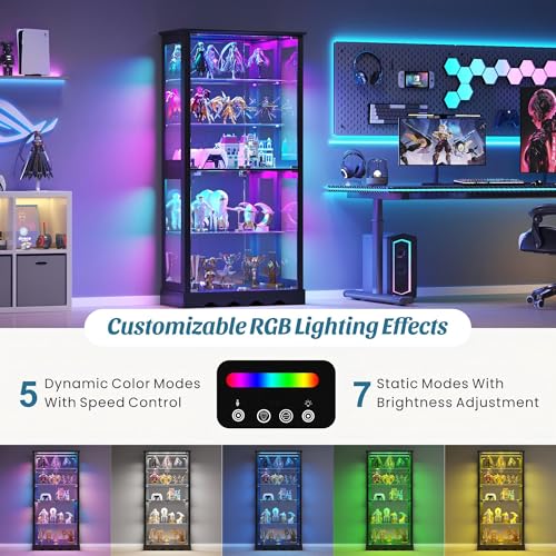 Dystler Display Cabinet with RGB LED Lights & Glass Doors, 5-Tier, Black | Human Sensor Lighting, Flexible Storage with Adjustable Shelves, Modern Design Curio Cabinet - color: Pure Black