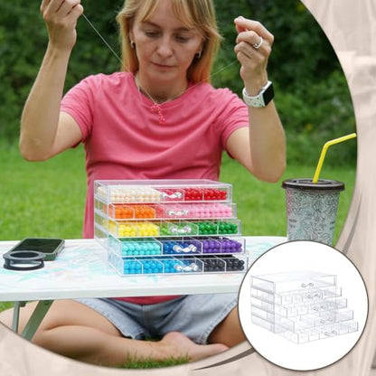 TWINKLEMON 5-Layer Plastic Compartment Storage Box Nail Charm Organizer Box with 5 Drawers 72 Small Round Jars 5 Tweezers Transparent Organizer for Crafts Art Supply Nail Tip Bead Earring Ring