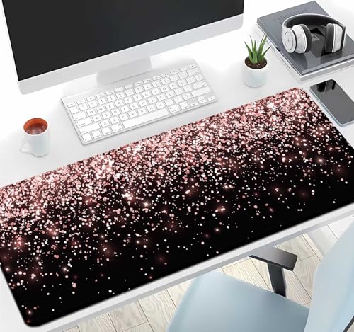 IMAYONDIA Gaming Mouse Pad, Large Non-Slip Rubber Base Mousepad with Stitched Edges, Keyboard Mouse Mat Desk Pad for Work, Game, Office, 31.5x11.8 Inch - Rose Gold Black Glitter Luxury - color: Rose Gold Glitter Black