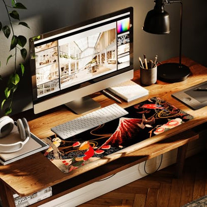 BELLEMOND Japanese Art Desk Mat | Large 31.5x11.8in Anime Mouse Pad for Keyboard & Mouse | Non-Slip Base, Water-Repellent | Original Japanese Design | Crimson Wings Over Fuji - color: Crimson Wings Over Fuji
