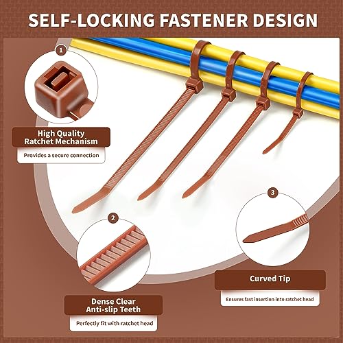 200pcs Brown Zip Ties, 12+10+8+4 Inch Heavy Duty Cable Ties with 55-22lb Strength, PA66 Self-Locking Nylon Wire Ties for Christmas Farming Fence Garden Trellis, UV Resistant - color: Dark Brown, size: 4+8+10+12 inch (200 pcs)