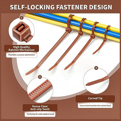 200pcs Brown Zip Ties, 12+10+8+4 Inch Heavy Duty Cable Ties with 55-22lb Strength, PA66 Self-Locking Nylon Wire Ties for Christmas Farming Fence Garden Trellis, UV Resistant - color: Dark Brown, size: 4+8+10+12 inch (200 pcs)