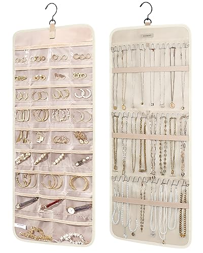 BAGSMART Hanging Jewelry Organizer Storage Roll with Hanger Metal Hooks Double-Sided Jewelry Holder for Earrings, Necklaces, Rings on Closet, Wall, Door, 1 piece, Large, Beige - color: Beige, size: Large