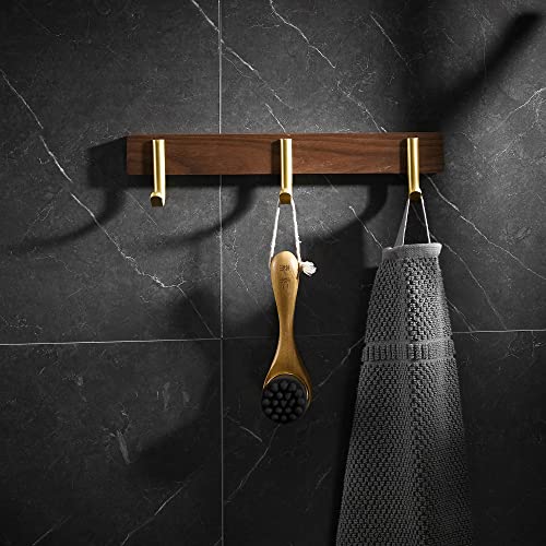 Wall Mounted Coat Rack, Entryway Hanging Coat Rack, Metal Wood Coat Rail with 3 Rustic Hooks Rail for Coat, Scarf, Bag, Towel, Key, Cap, Hat, Walnut Gold Matt - size: 3 Hooks - J Shape