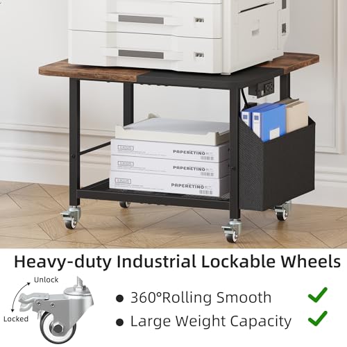 YAOHUOO 23.6"×23.6" Large Printer Stand with Power Outlet, Printer Table with Storage Side Pocket, Heavy Duty Rolling Cart for Home Office 3D Printer/Laser/Heat Press Table, Rustic Brown - color: Rustic Brown