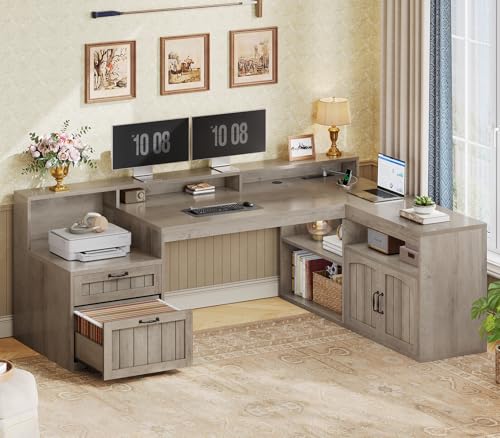 SEDETA Farmhouse L Shaped Desk with Drawers, 59" Office Desk with File Drawers, Wood Corner Computer Desk with Storage, Home Office Desks with Storage Cabinet and Monitor Stand, Grey - color: Grey, size: L Shaped Desk (59")