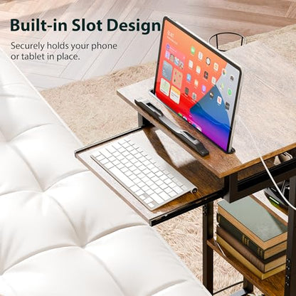 ZIFTY Couch Table with Charging Station and Storage Shelves 360°Swivel End Table with Shelves and Wheels C Shaped End Table for Laptops Tv Tray Side Table for Living Room Bedroom Rustic