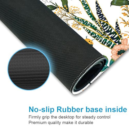 XXL Waterproof Office Desk Pad Protector 31.5x11.8 Inch - Extended Gaming Mouse Pad with Non-Slip Rubber Base, Thickened Keyboard Mat, Stitched Edges & Beautiful Floral Flowers Design - color: White