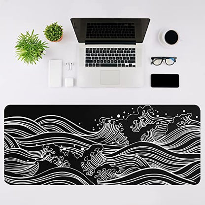 DIGSOM Gaming Mouse Pad Black and White Sea Wave Pattern, 31.5 x 11.8in | XL Mouse mat, Smooth surface, Anti-slip rubber base, For keyboard and mouse, For home and office use - color: Black Sea Wave