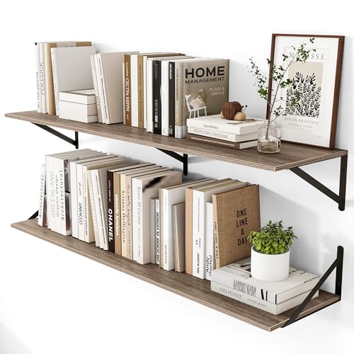 Heimlove Deep Floating Shelves for Wall, 48W x 12D Rustic Grey Wood Wall Shelves Set of 2, Large Floating Shelf for Living Room, Kitchen, Office, Bedroom and Decor Storage, with Metal Bracket - Grey - color: Grey With Black Metal Bracket, size: 48wx12dx5.