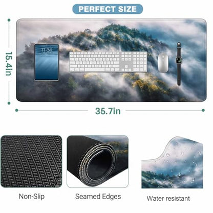 Foggy Landscape Full Desk Mouse Pad Mountain Clouds Sunrise Hills Trees Spring Large Gaming Mousepad for Keyboard PC.Home,Office 35.4"X15.7" - color: foggy landscape