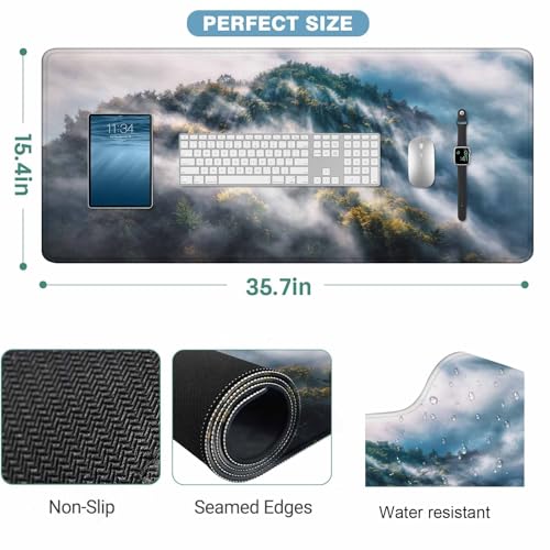 Foggy Landscape Full Desk Mouse Pad Mountain Clouds Sunrise Hills Trees Spring Large Gaming Mousepad for Keyboard PC.Home,Office 35.4"X15.7" - color: foggy landscape