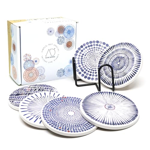 AD Set of 6 Coasters for Drinks Absorbing Round Ceramic Stone Coaster with Cork Base,Tabletop Protection Mat for Mugs and Cups,Office,Kitchen (Bloom Abstract with Holder) - style: Bloom Abstract with Holder