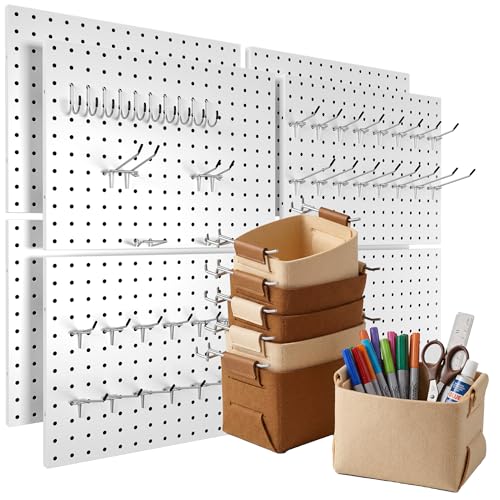 Spampur Peg Board, 8 Pack Metal PegBoard Organizer with Accessories, White Pegboard Panels with 50 Pcs Hooks and Baskets, Wall Organizer for Office, Craft Room Organization, Garage, Sewing Room - color: White, size: 16x12''- 8 Pcs