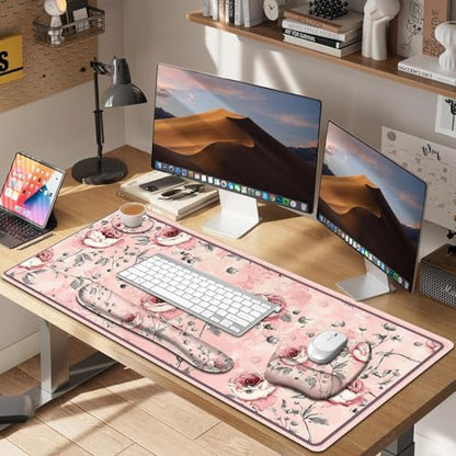 4 in 1 Large Mouse Pad, Keyboard Wrist Rest Set, Ergonomic Mouse Pad with Wrist Support, Desk Mat with Stitched Edges Extended Desk Pad Waterproof Desk Mat for Home Office Game I Pink Rose Flowers - color: Pink Rose Flowers