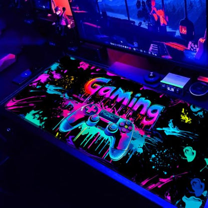 Gaming Mouse Pad, X-Large Waterproof Blacklight Colorful Splatter Art Game Controller Non-Slip Rubber Base Mousemat, Glow in the Dark Desk Mat for Office Home - 31.5 x 11.8 inches - color: Gamer A