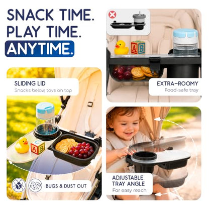 Universal Stroller Snack Tray with Cup Holder 2 in 1 - Stroller Tray Attachment for Baby & Toddler - Baby Stroller Accessories - Fit Most Strollers, Dishwasher Safe with Dust Cover & Silicone Arms