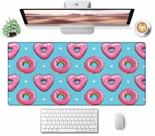 Gaming Mouse Pad, Large Pink Heart Donuts Mouse Pads for Desk, Non-Slip Rubber Base Mousepad, Keyboard Mouse Mat Desk Pad with Stitched Edges, 31.5x15.7 inch - color: Pink Heart Donuts, size: 31.5L x 15.7W inches