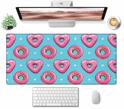 Gaming Mouse Pad, Large Pink Heart Donuts Mouse Pads for Desk, Non-Slip Rubber Base Mousepad, Keyboard Mouse Mat Desk Pad with Stitched Edges, 31.5x15.7 inch - color: Pink Heart Donuts, size: 31.5L x 15.7W inches