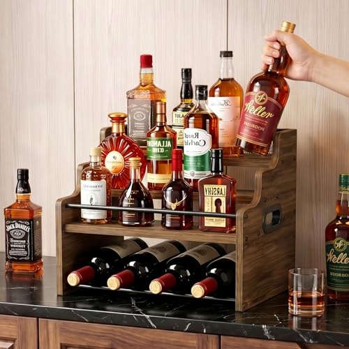 4-Tier Wood Display Shelf Wine Rack for 16 Bottles Wood Coffee Syrup Organizer with Handles Home Whiskey Shelf Retro Mini Liquor Cabinet Spice Rack Coffee Bar Shelves, Walnut - color: Walnut