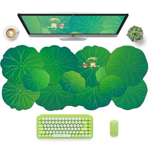 HAOCOO Cute Frog Desk Mat, Scalloped Desk Matt for Desktop, Large Mouse Pad for Desk, Non-Slip Keyboard Mat, Green Desk Mat with Stitched Edge, Kawaii Mouse Pad for Office (35.4" × 15.7") - color: Green